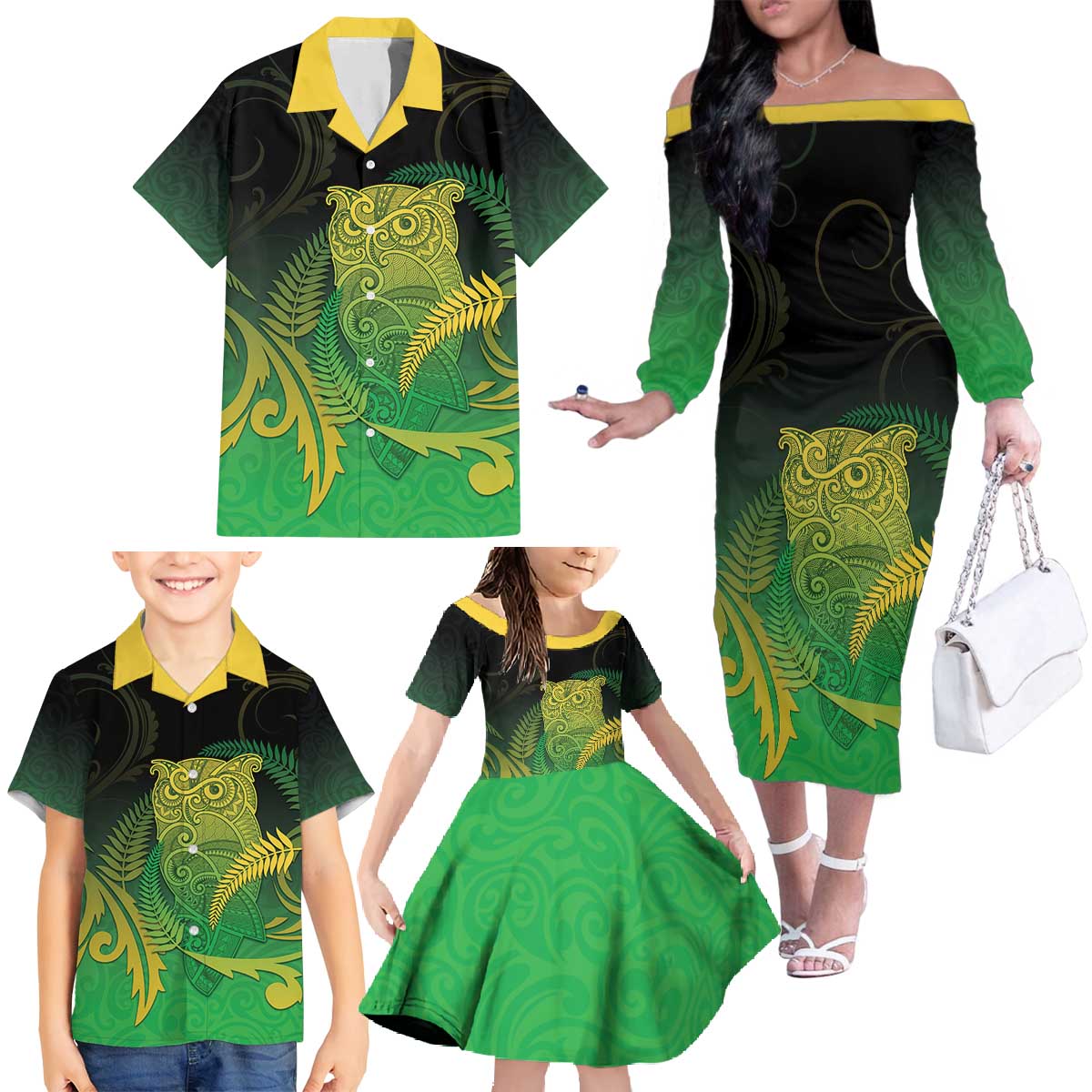 New Zealand Aotearoa Ruru Family Matching Off The Shoulder Long Sleeve Dress and Hawaiian Shirt Maori Fern Art Green