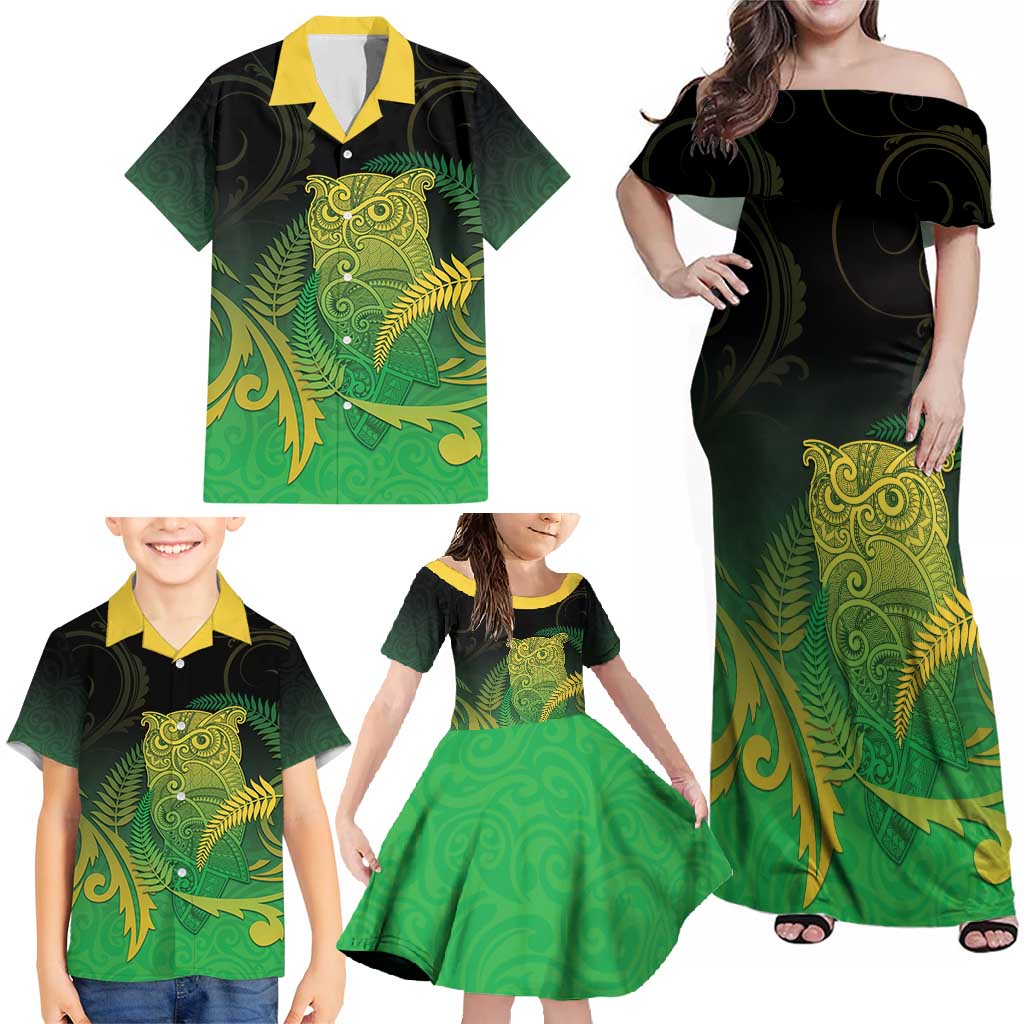 New Zealand Aotearoa Ruru Family Matching Off Shoulder Maxi Dress and Hawaiian Shirt Maori Fern Art Green