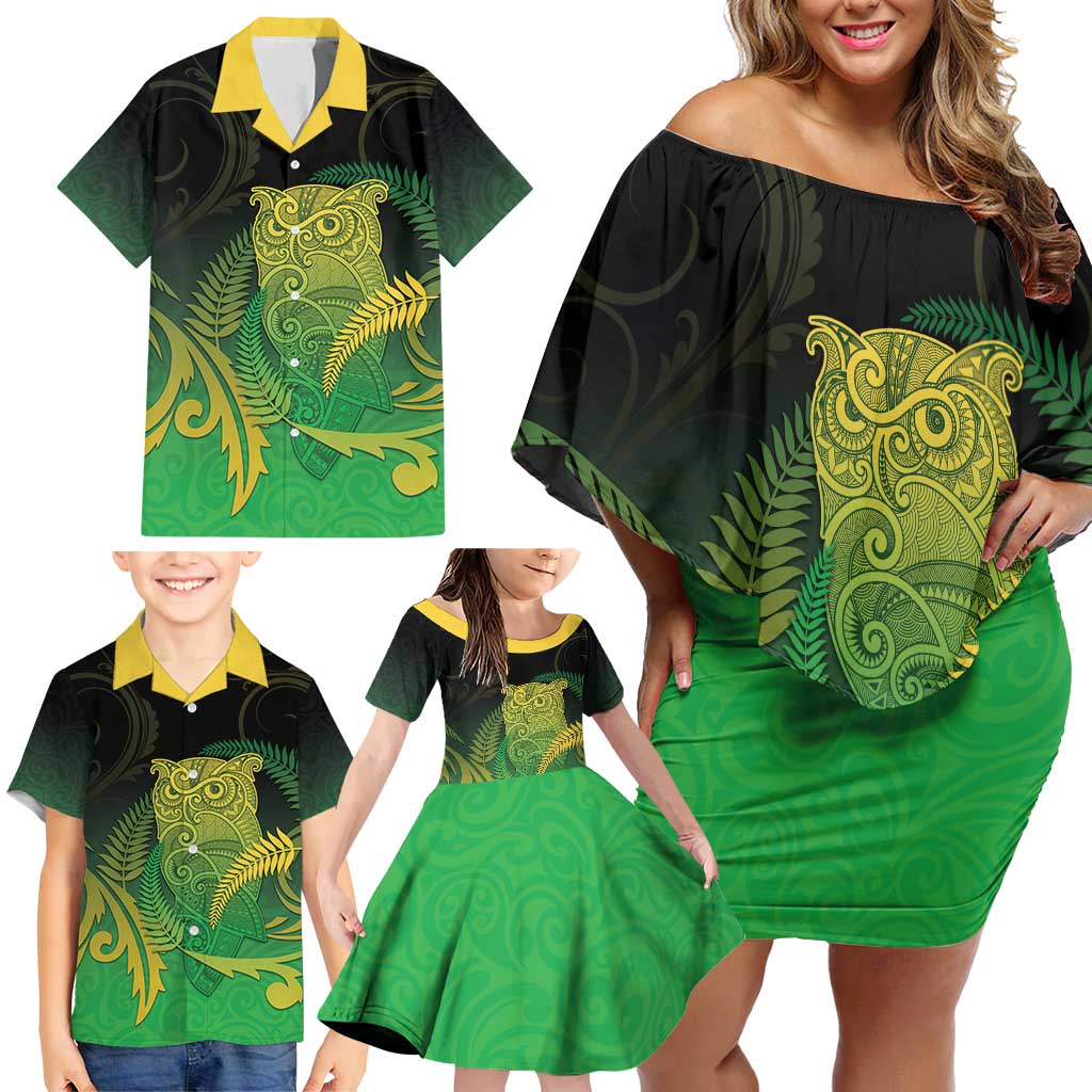 New Zealand Aotearoa Ruru Family Matching Off Shoulder Short Dress and Hawaiian Shirt Maori Fern Art Green