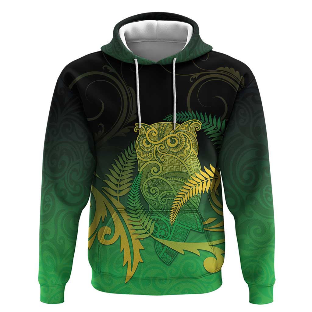 New Zealand Aotearoa Ruru Hoodie Maori Fern Art Green LT05 Pullover Hoodie Green - Polynesian Pride