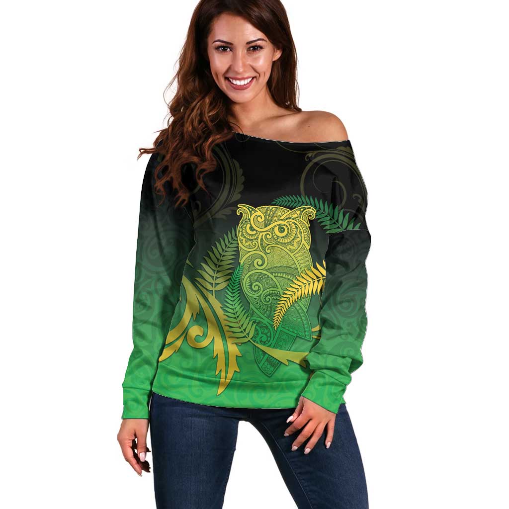 New Zealand Aotearoa Ruru Off Shoulder Sweater Maori Fern Art Green LT05 Women Green - Polynesian Pride