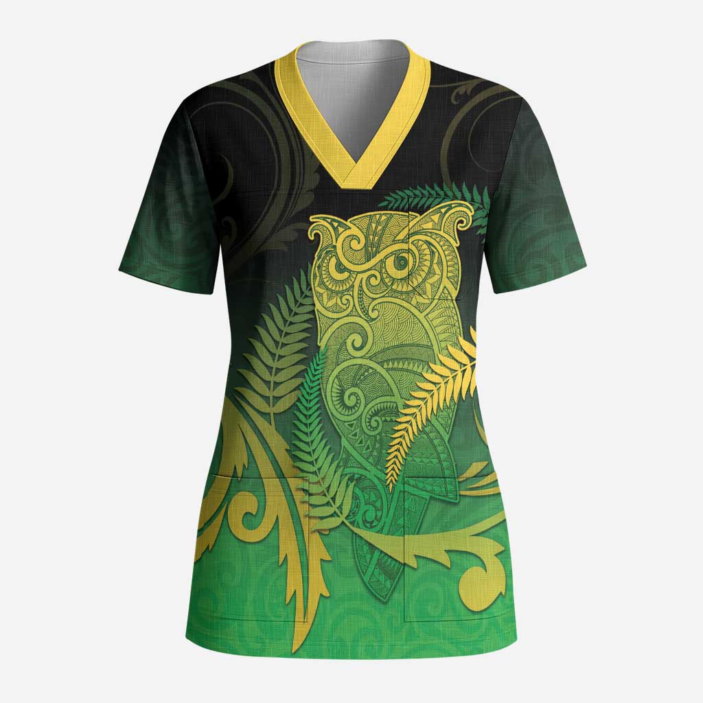 New Zealand Aotearoa Ruru Scrub Top Maori Fern Art Green LT05 Adult Green - Polynesian Pride