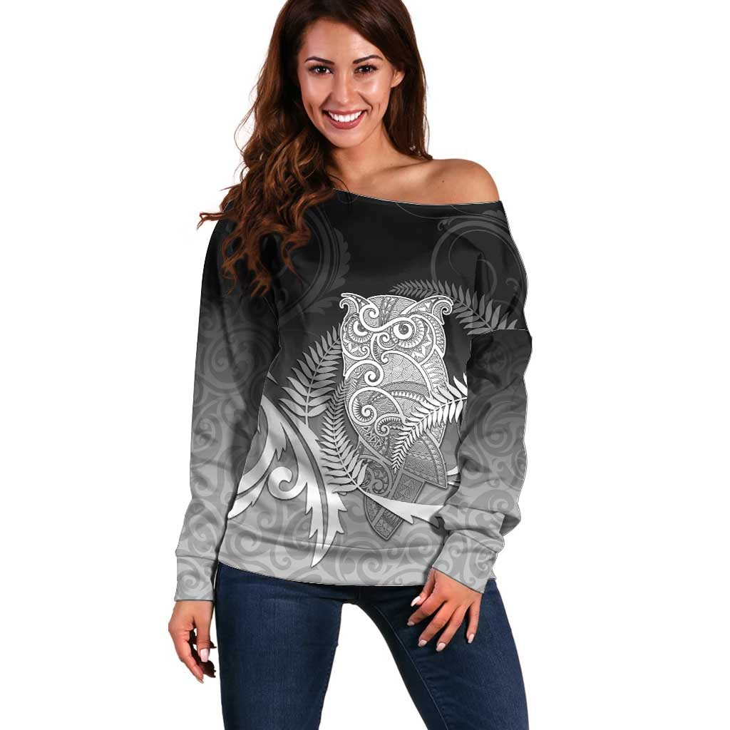 New Zealand Aotearoa Ruru Off Shoulder Sweater Maori Fern Art Black LT05 Women Black - Polynesian Pride