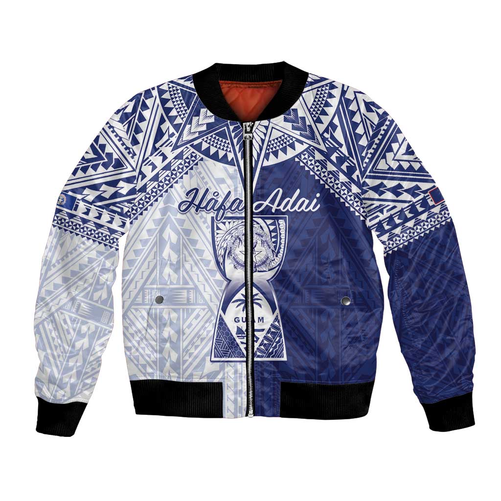 Personalised Northern Mariana Islands And Guam Bomber Jacket Latte Stone With Tribal Pattern LT05 Unisex Blue - Polynesian Pride