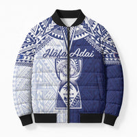 Personalised Northern Mariana Islands And Guam Bomber Puffer Jacket Latte Stone With Tribal Pattern LT05 Unisex Blue - Polynesian Pride
