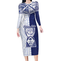 Personalised Northern Mariana Islands And Guam Long Sleeve Bodycon Dress Latte Stone With Tribal Pattern LT05 Long Dress Blue - Polynesian Pride