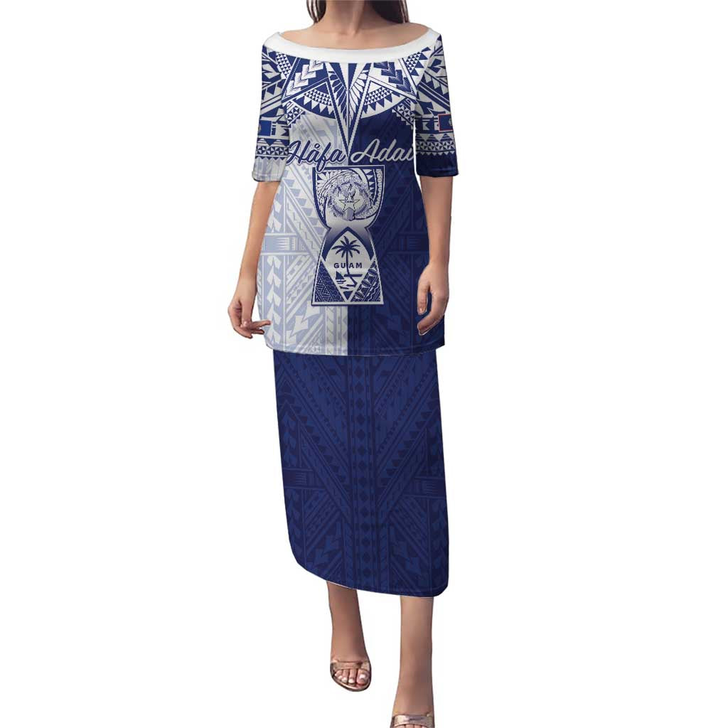 Personalised Northern Mariana Islands And Guam Puletasi Latte Stone With Tribal Pattern LT05 Long Dress Blue - Polynesian Pride