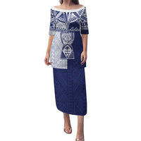 Personalised Northern Mariana Islands And Guam Puletasi Latte Stone With Tribal Pattern LT05 Long Dress Blue - Polynesian Pride