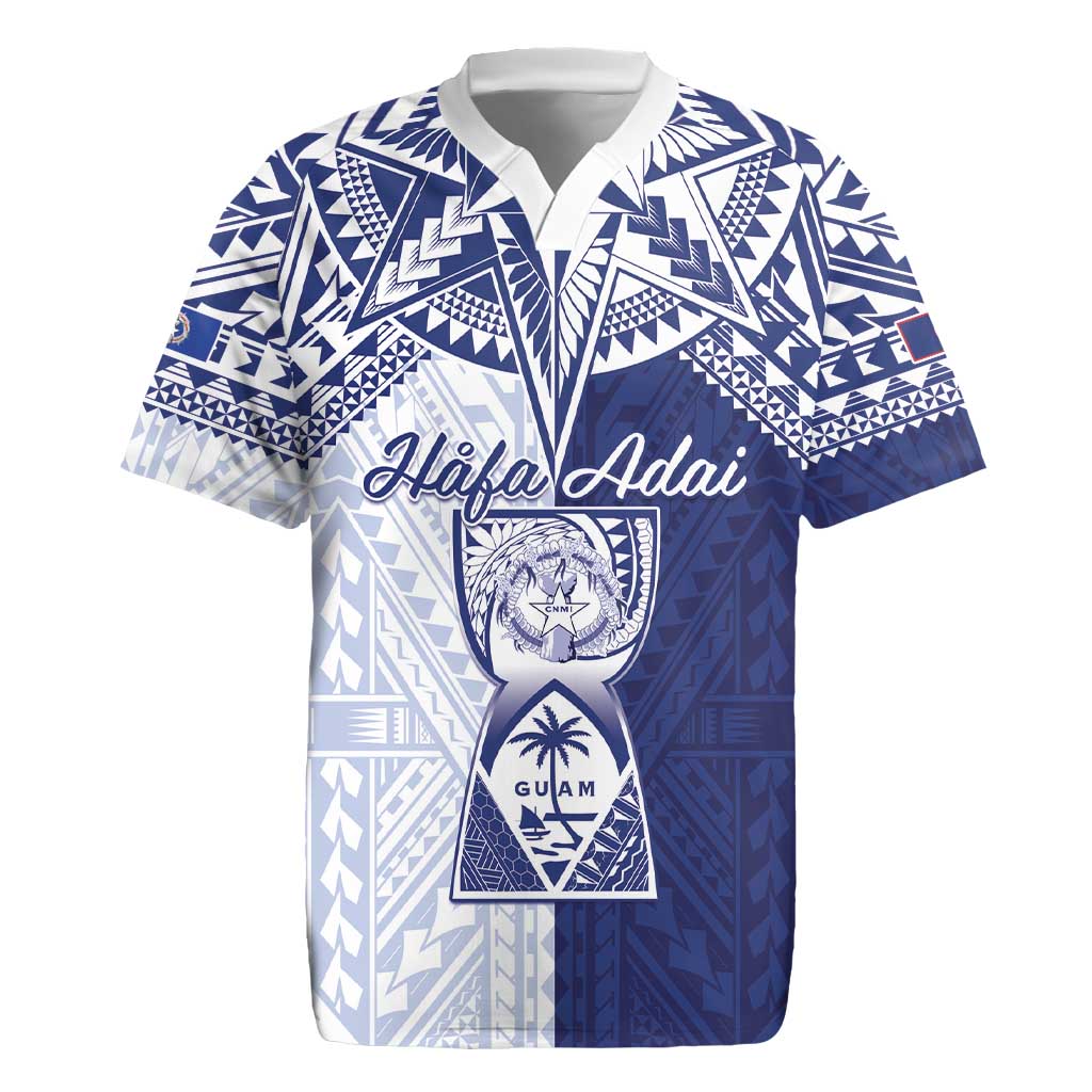 Personalised Northern Mariana Islands And Guam Rugby Jersey Latte Stone With Tribal Pattern LT05 Blue - Polynesian Pride