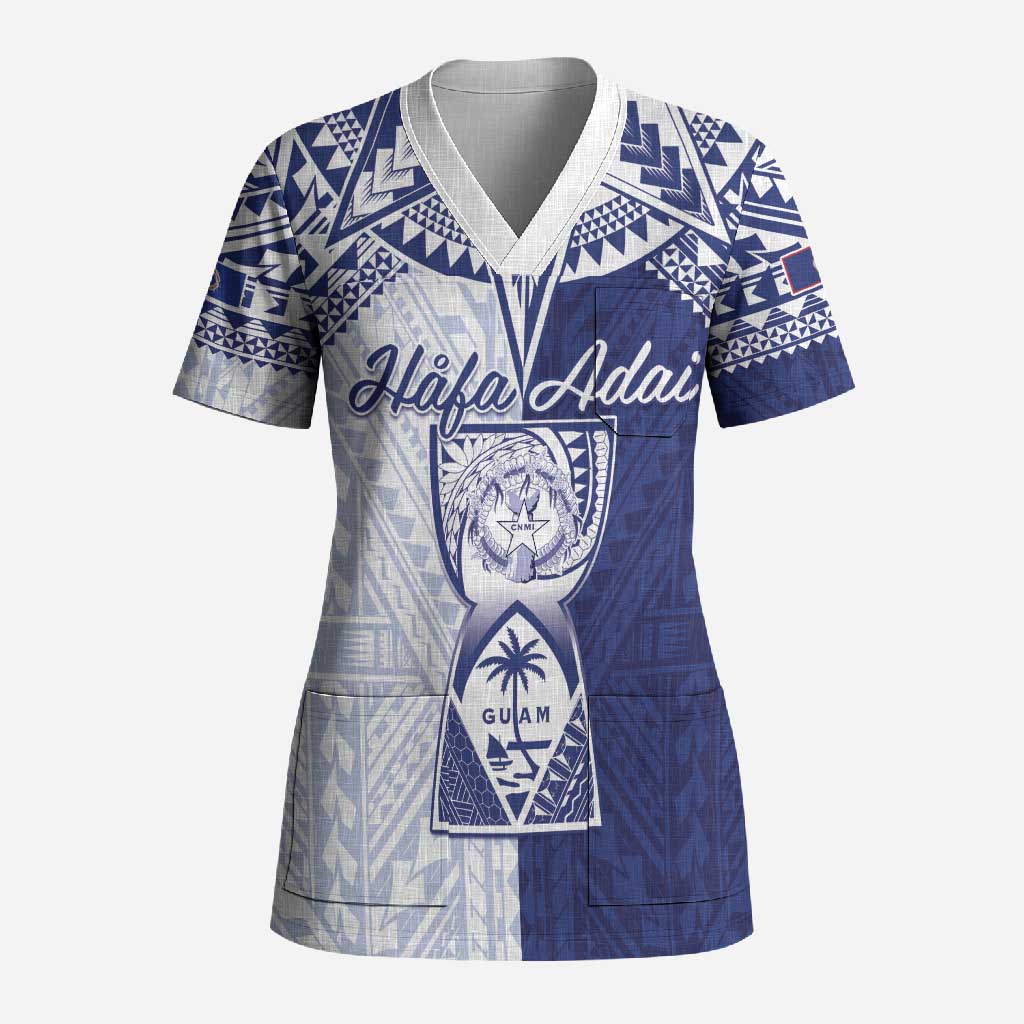 Personalised Northern Mariana Islands And Guam Scrub Top Latte Stone With Tribal Pattern LT05 Adult Blue - Polynesian Pride