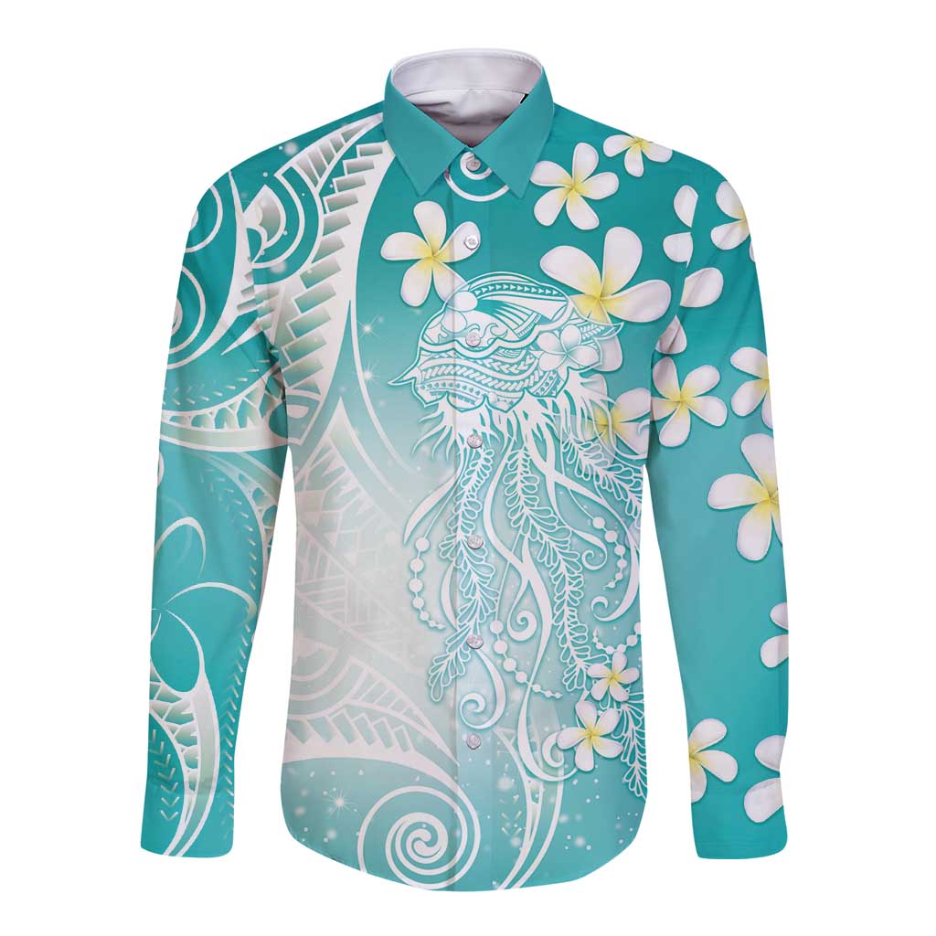 Polynesian Jellyfish Long Sleeve Button Shirt With Plumeria Teal LT05 Unisex Teal - Polynesian Pride
