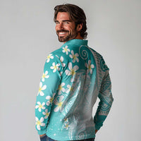 Polynesian Jellyfish Long Sleeve Polo Shirt With Plumeria Teal LT05 - Polynesian Pride