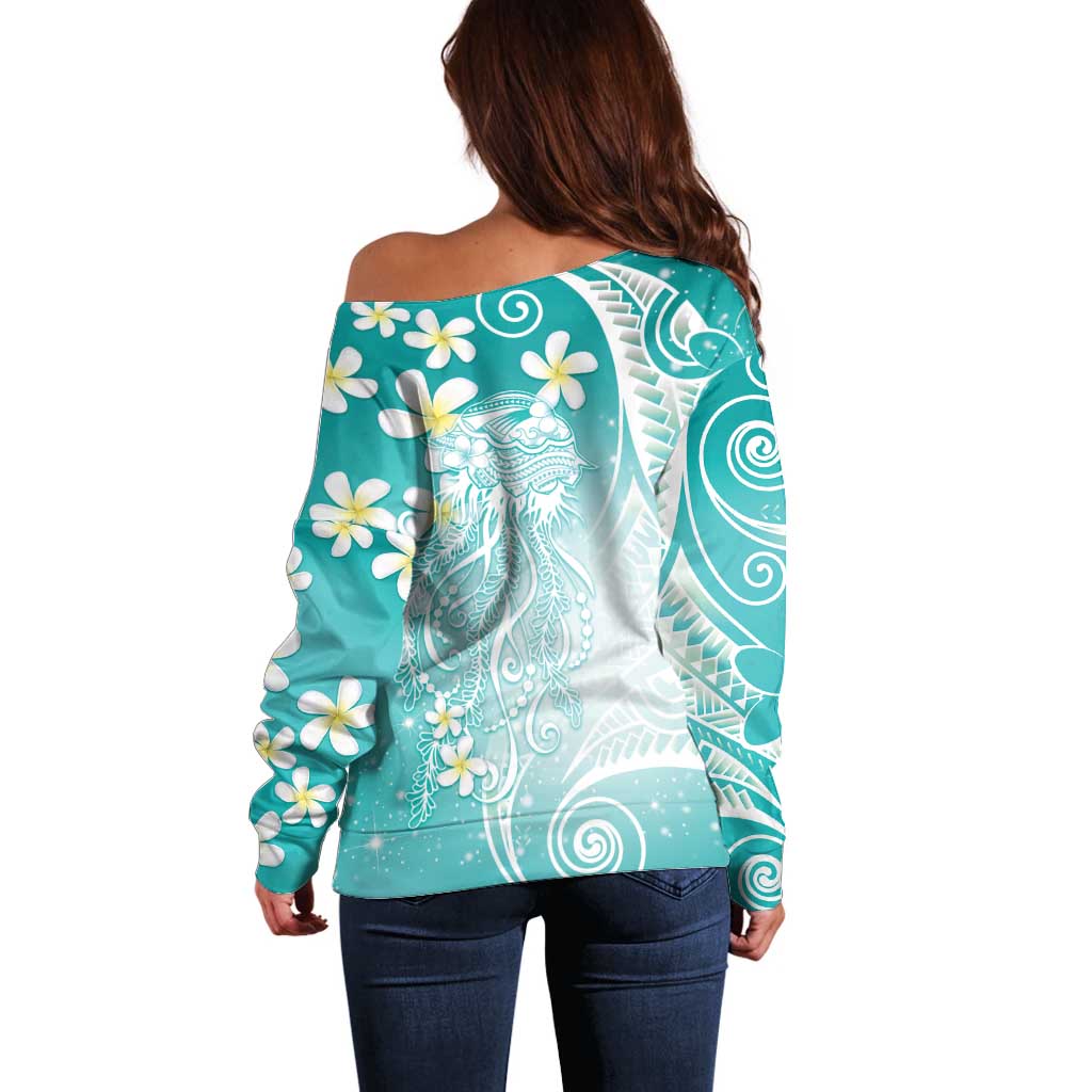 Polynesian Jellyfish Off Shoulder Sweater With Plumeria Teal LT05 - Polynesian Pride