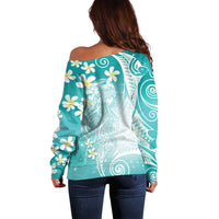 Polynesian Jellyfish Off Shoulder Sweater With Plumeria Teal LT05 - Polynesian Pride