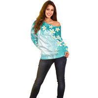 Polynesian Jellyfish Off Shoulder Sweater With Plumeria Teal LT05 - Polynesian Pride