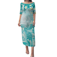 Polynesian Jellyfish Puletasi With Plumeria Teal LT05 Long Dress Teal - Polynesian Pride