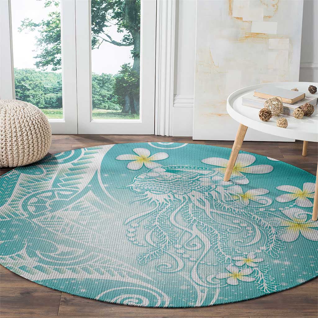 Polynesian Jellyfish Round Carpet With Plumeria Teal LT05 - Polynesian Pride