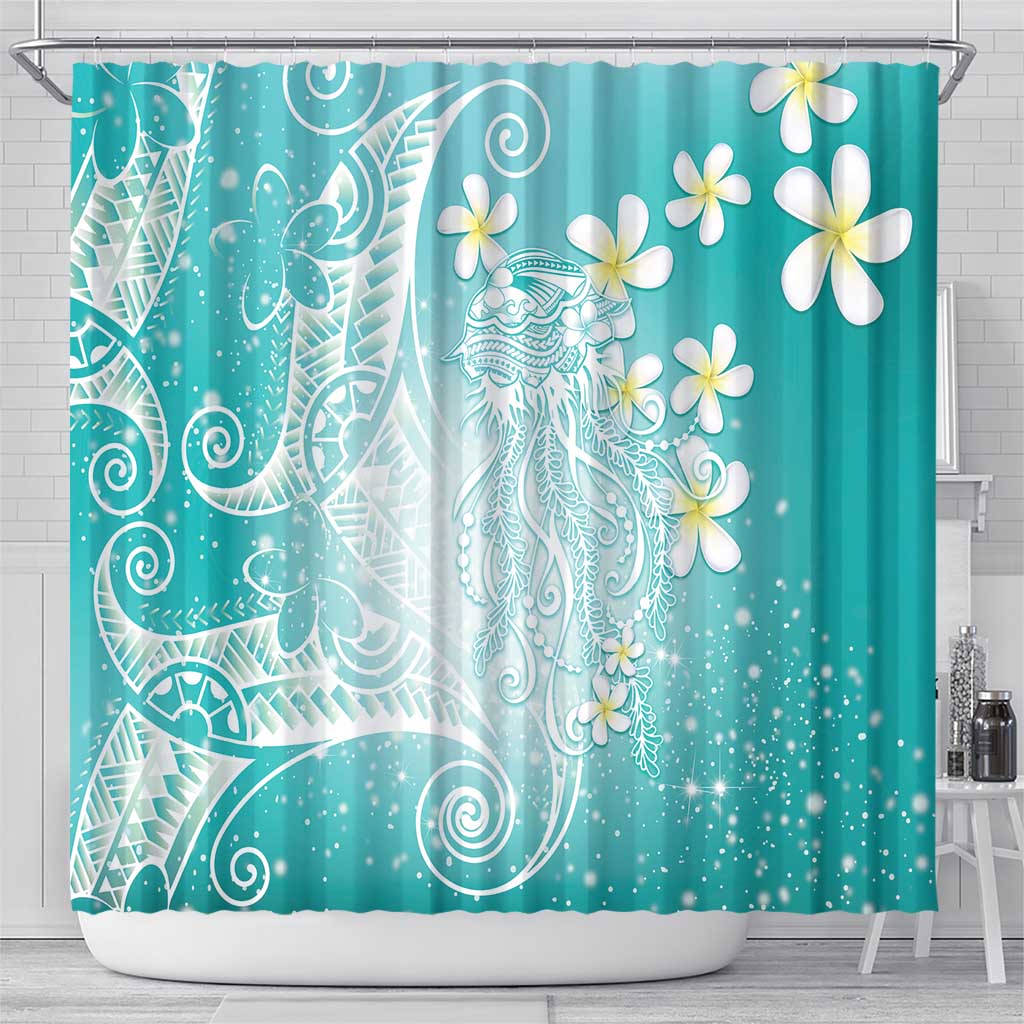 Polynesian Jellyfish Shower Curtain With Plumeria Teal LT05 - Polynesian Pride