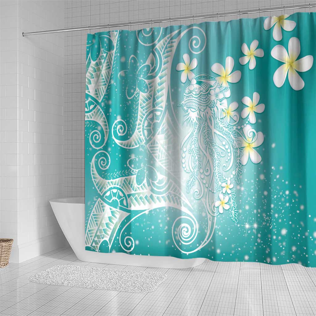 Polynesian Jellyfish Shower Curtain With Plumeria Teal LT05 - Polynesian Pride