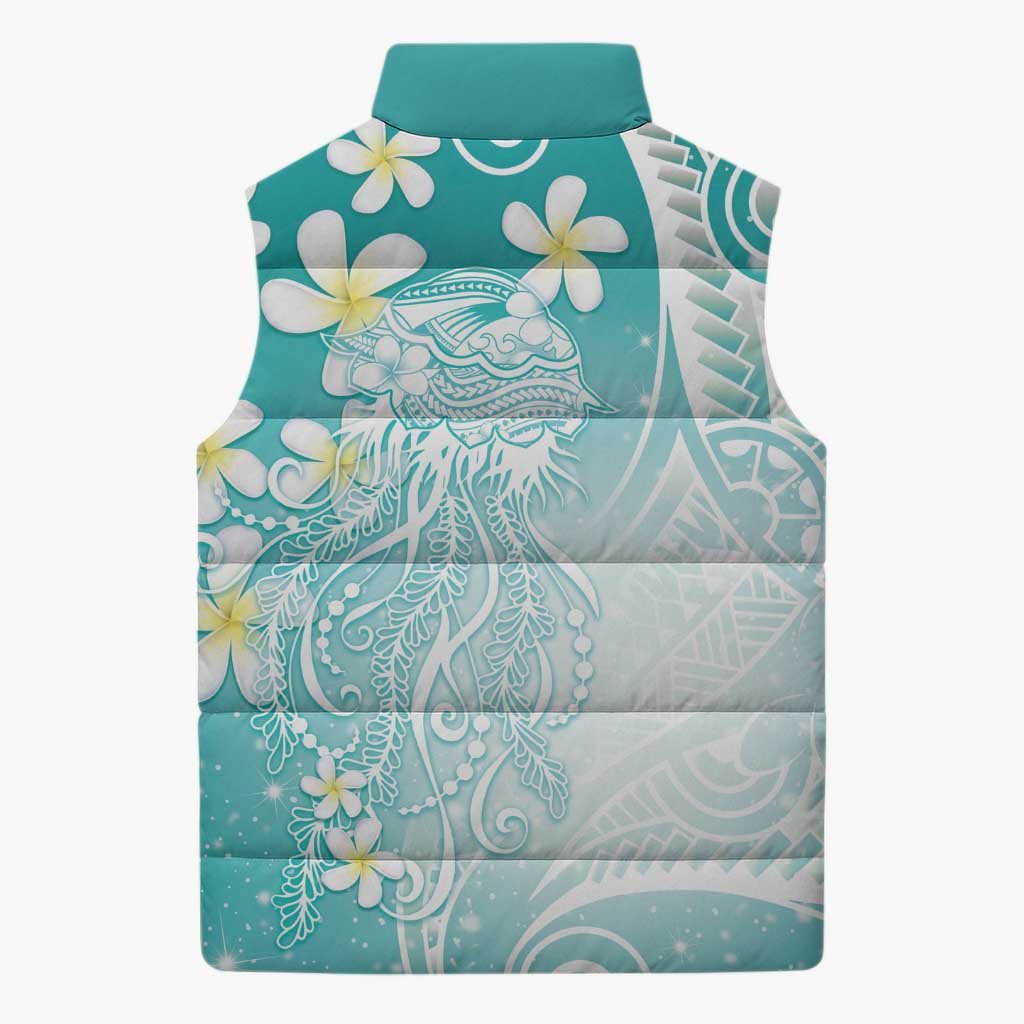 Polynesian Jellyfish Sleeveless Puffer Jacket With Plumeria Teal LT05 - Polynesian Pride