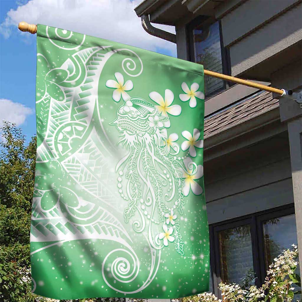 Polynesian Jellyfish Garden Flag With Plumeria Green LT05 - Polynesian Pride