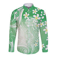 Polynesian Jellyfish Long Sleeve Button Shirt With Plumeria Green LT05 Unisex Green - Polynesian Pride