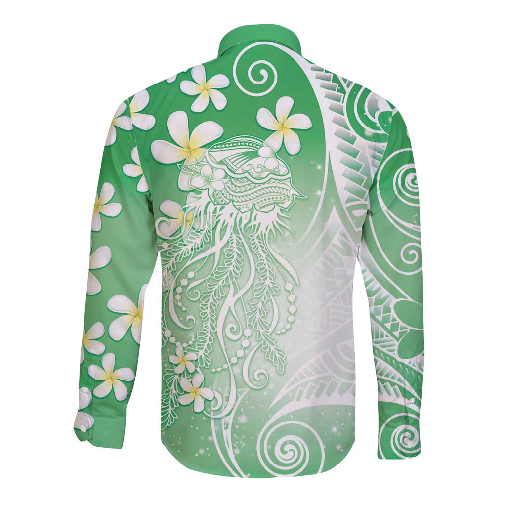 Polynesian Jellyfish Long Sleeve Button Shirt With Plumeria Green LT05 - Polynesian Pride