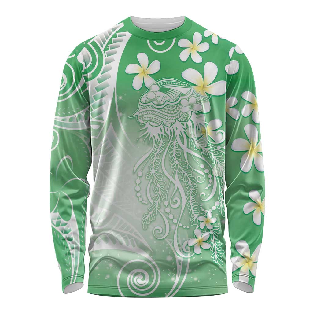 Polynesian Jellyfish Long Sleeve Shirt With Plumeria Green LT05 Unisex Green - Polynesian Pride