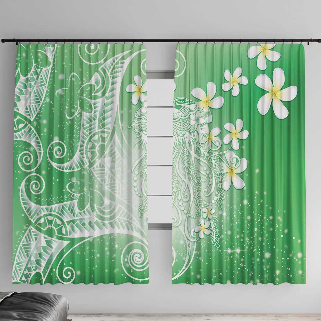 Polynesian Jellyfish Window Curtain With Plumeria Green LT05 With Hooks Green - Polynesian Pride