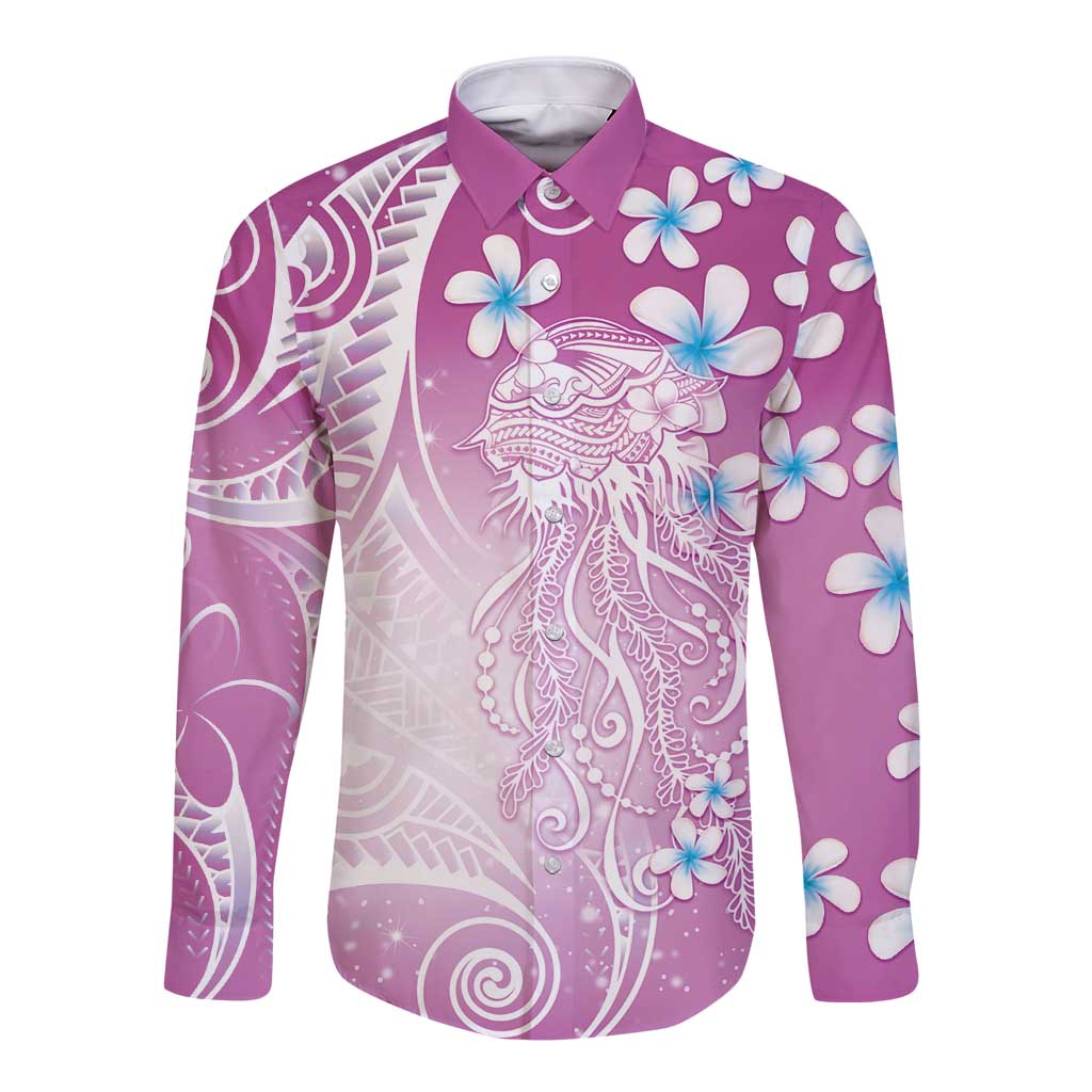 Polynesian Jellyfish Long Sleeve Button Shirt With Plumeria Pink LT05 Unisex Pink - Polynesian Pride