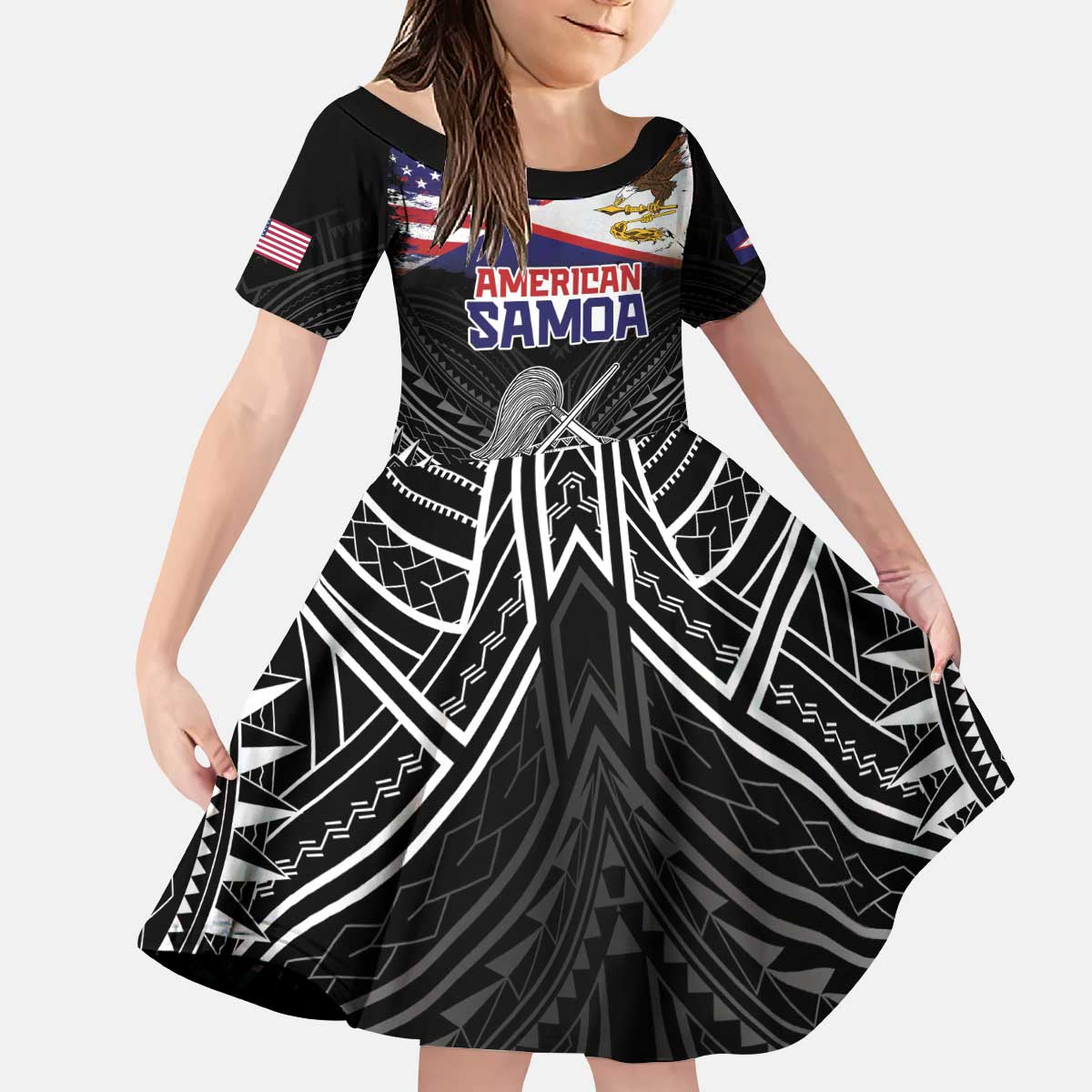 Personalised American Samoa Flag Day Kid Short Sleeve Dress Bald Eagle With Polynesian Pattern LT05 KID Black - Polynesian Pride