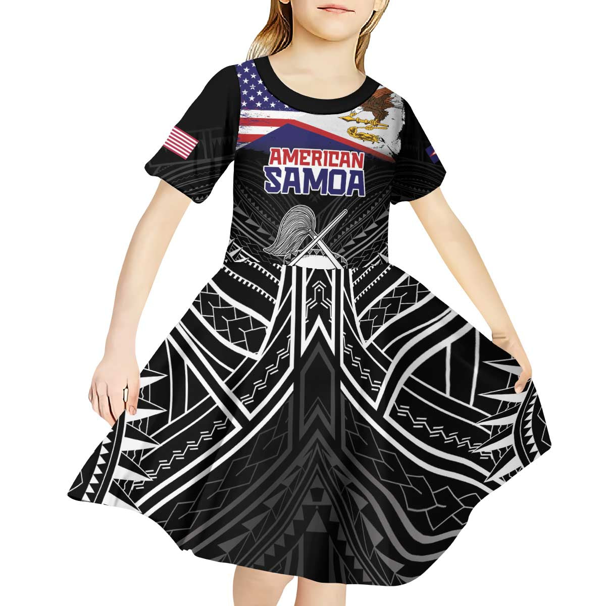 Personalised American Samoa Flag Day Kid Short Sleeve Dress Bald Eagle With Polynesian Pattern LT05 - Polynesian Pride