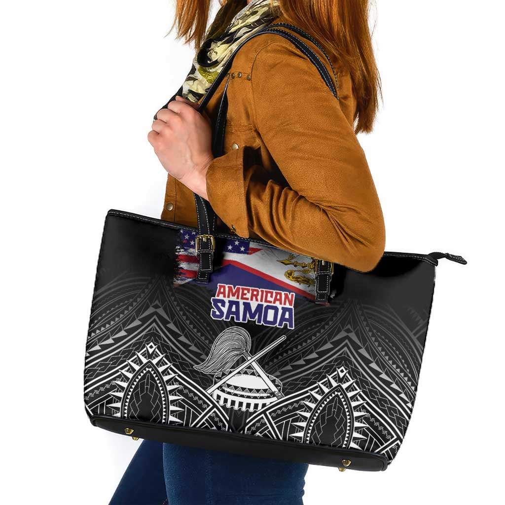 American Samoa Flag Day Leather Tote Bag Bald Eagle With Polynesian Pattern LT05 Black - Polynesian Pride