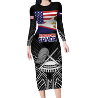 Personalised American Samoa Flag Day Long Sleeve Bodycon Dress Bald Eagle With Polynesian Pattern LT05 Long Dress Black - Polynesian Pride