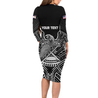 Personalised American Samoa Flag Day Long Sleeve Bodycon Dress Bald Eagle With Polynesian Pattern LT05 - Polynesian Pride