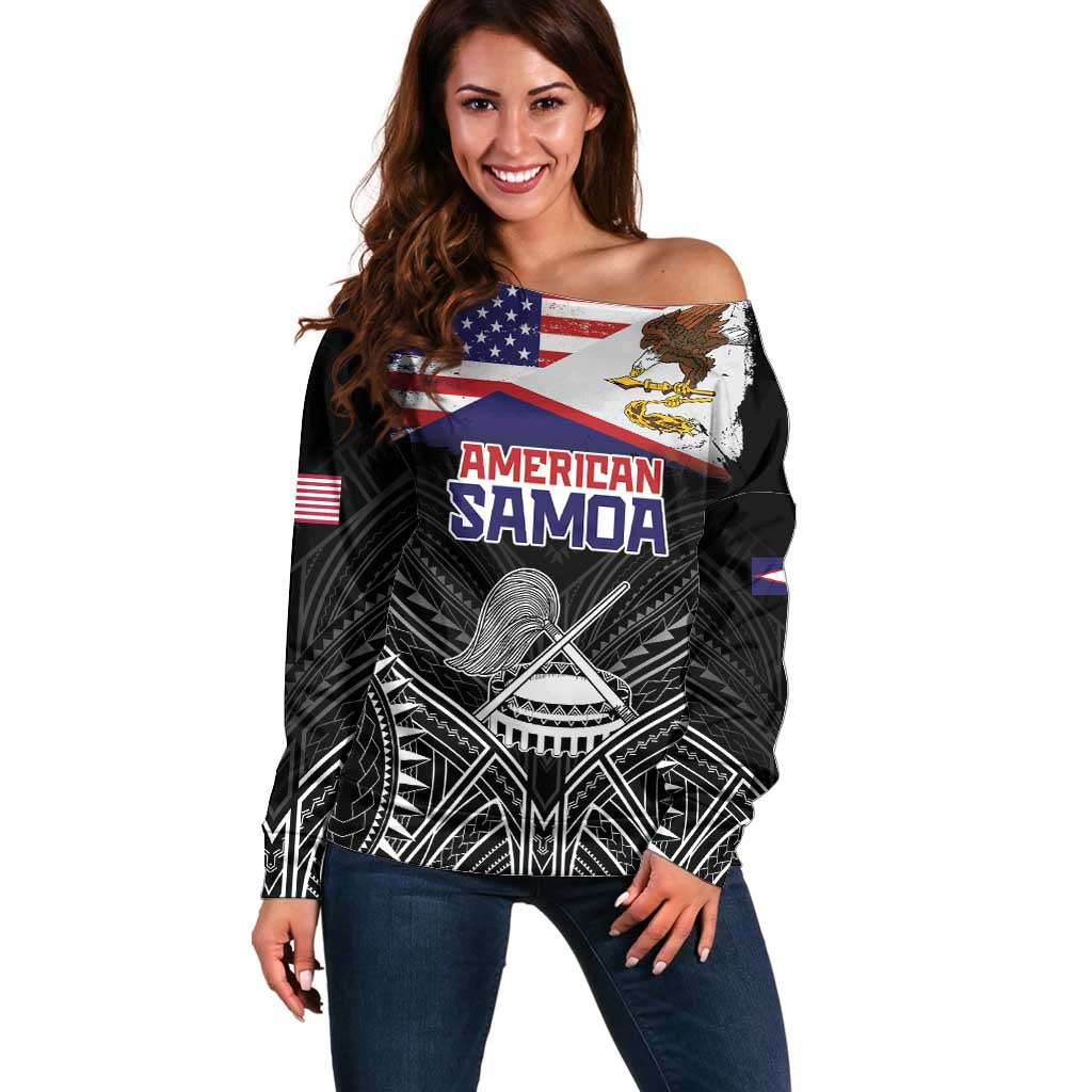 Personalised American Samoa Flag Day Off Shoulder Sweater Bald Eagle With Polynesian Pattern LT05 Women Black - Polynesian Pride