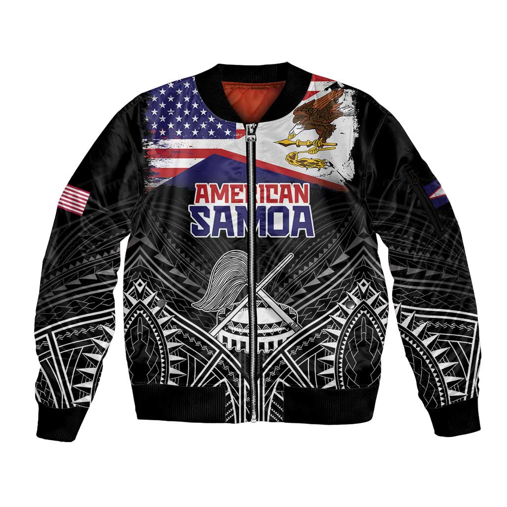 Personalised American Samoa Flag Day Sleeve Zip Bomber Jacket Bald Eagle With Polynesian Pattern LT05 Unisex Black - Polynesian Pride