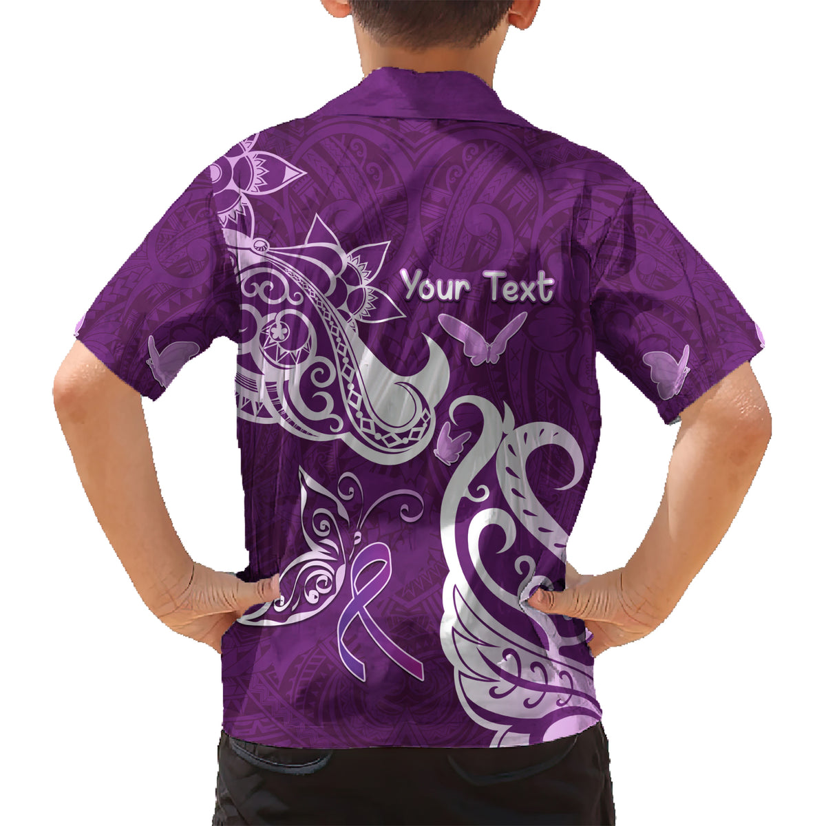 Personalised Fibromyalgia Awareness Kid Hawaiian Shirt Polynesian Purple Ribbon LT05 - Polynesian Pride