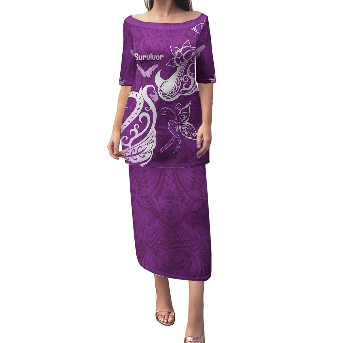 Personalised Fibromyalgia Awareness Puletasi Polynesian Purple Ribbon LT05 Long Dress Purple - Polynesian Pride