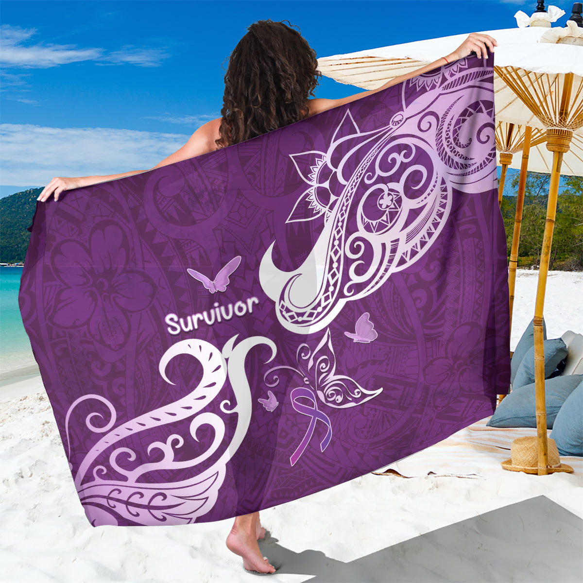Fibromyalgia Awareness Sarong Polynesian Purple Ribbon LT05 One Size 44 x 66 inches Purple - Polynesian Pride