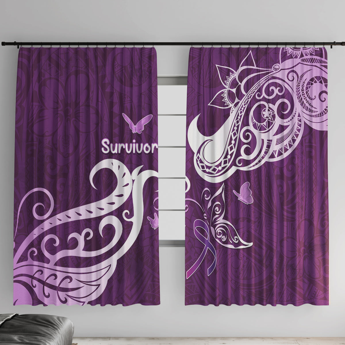 Fibromyalgia Awareness Window Curtain Polynesian Purple Ribbon LT05 With Hooks Purple - Polynesian Pride