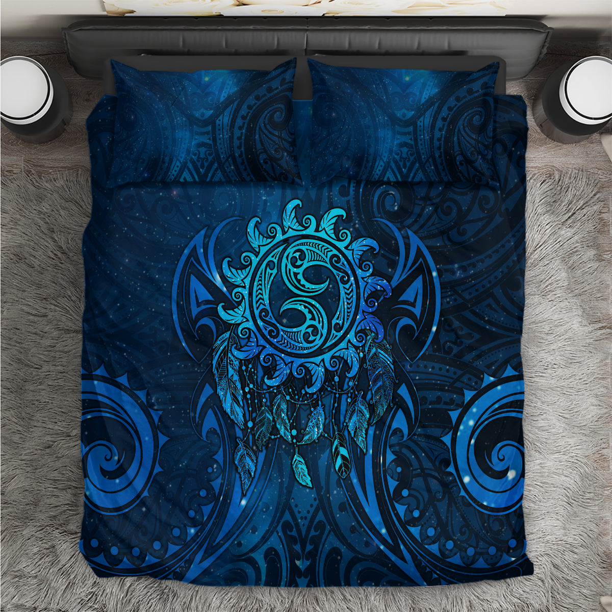 New Zealand Dream Catcher Bedding Set Maori Koru Pattern Blue Version