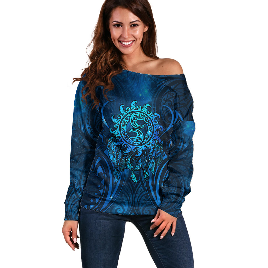 New Zealand Dream Catcher Off Shoulder Sweater Maori Koru Pattern Blue Version LT05 Women Blue - Polynesian Pride