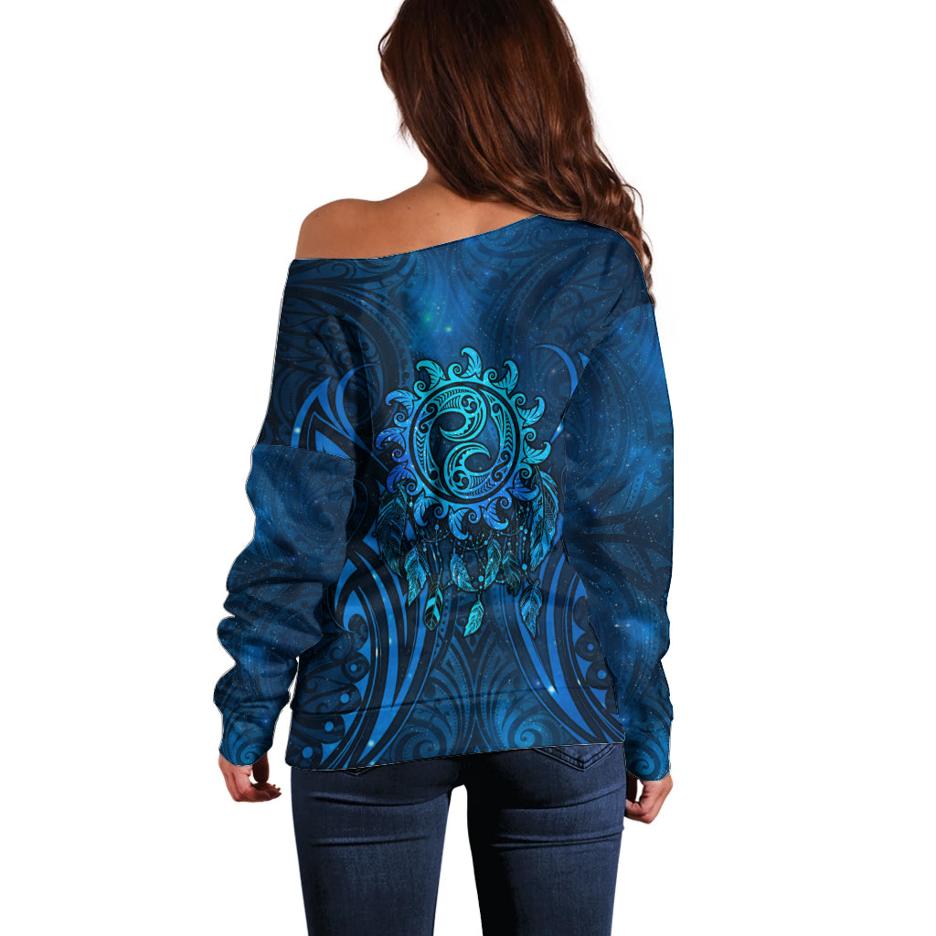 New Zealand Dream Catcher Off Shoulder Sweater Maori Koru Pattern Blue Version LT05 - Polynesian Pride