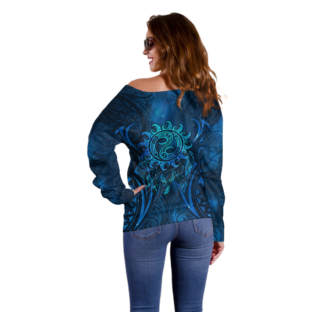 New Zealand Dream Catcher Off Shoulder Sweater Maori Koru Pattern Blue Version LT05 - Polynesian Pride