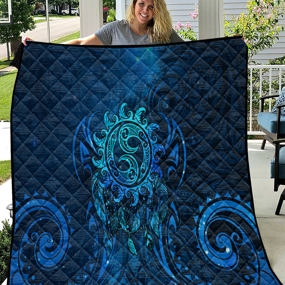 New Zealand Dream Catcher Quilt Maori Koru Pattern Blue Version