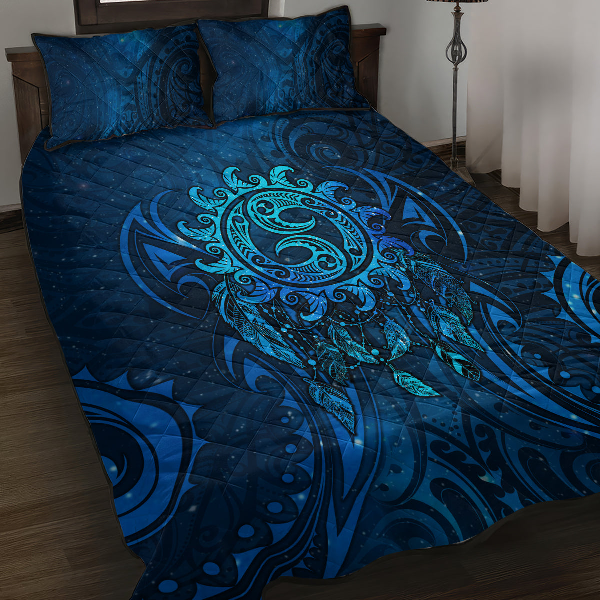 New Zealand Dream Catcher Quilt Bed Set Maori Koru Pattern Blue Version