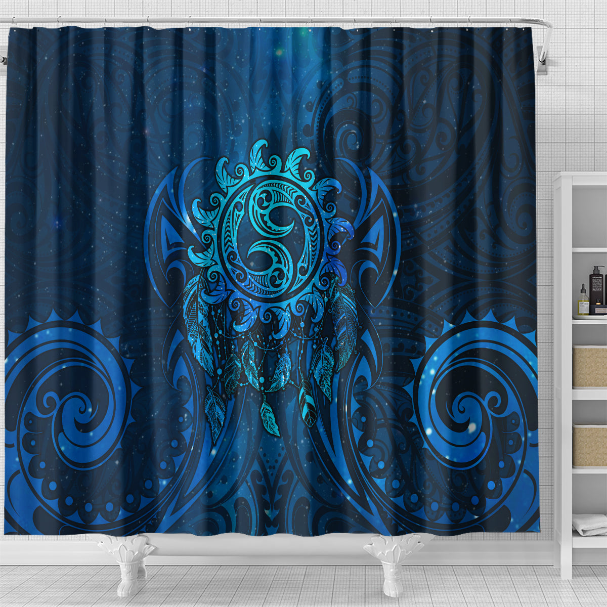 New Zealand Dream Catcher Shower Curtain Maori Koru Pattern Blue Version LT05 - Polynesian Pride