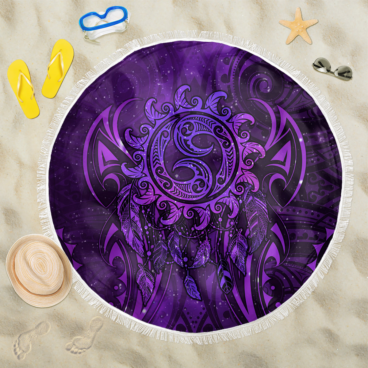 New Zealand Dream Catcher Beach Blanket Maori Koru Pattern Purple Version LT05 One Size 150cm Purple - Polynesian Pride