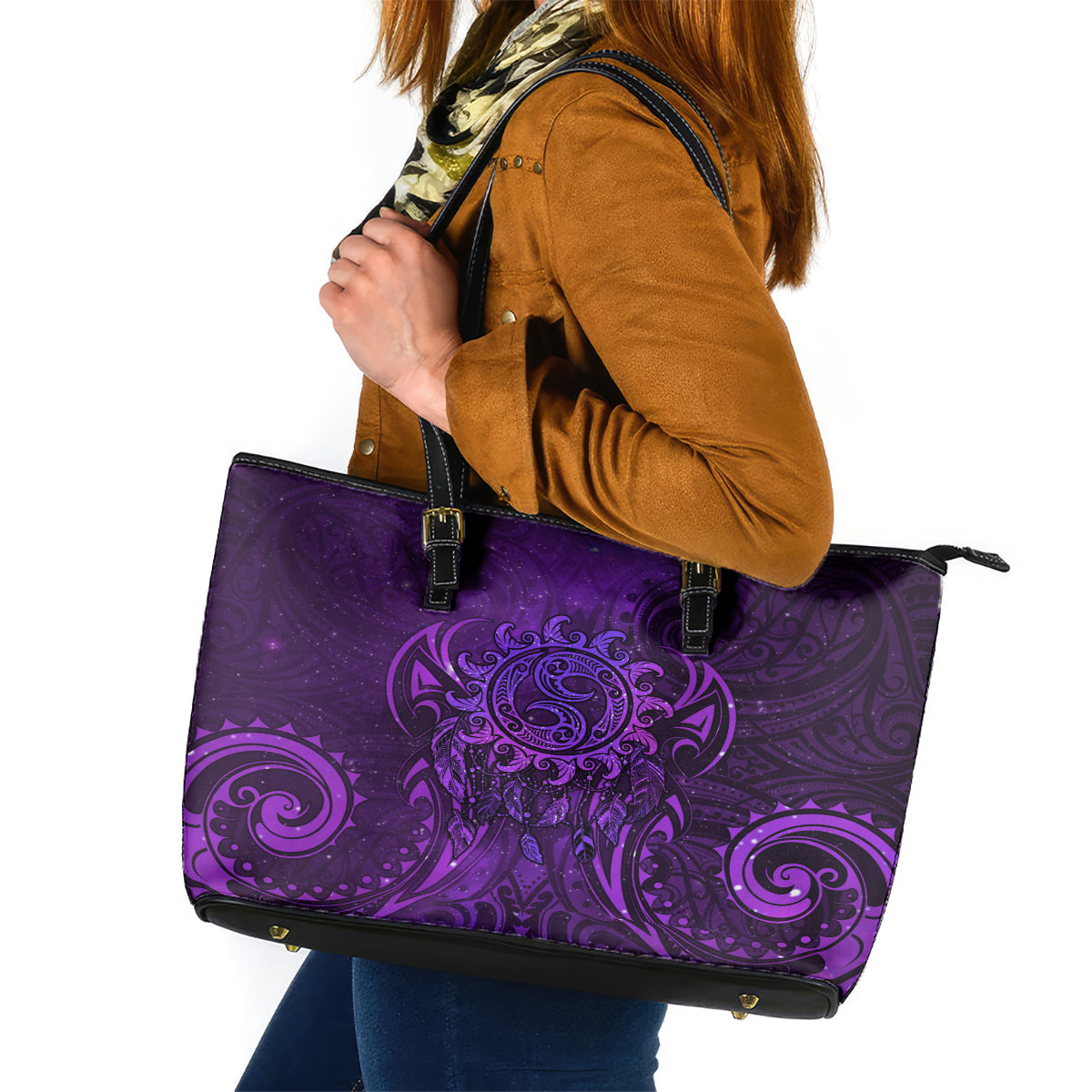 New Zealand Dream Catcher Leather Tote Bag Maori Koru Pattern Purple Version LT05 Purple - Polynesian Pride